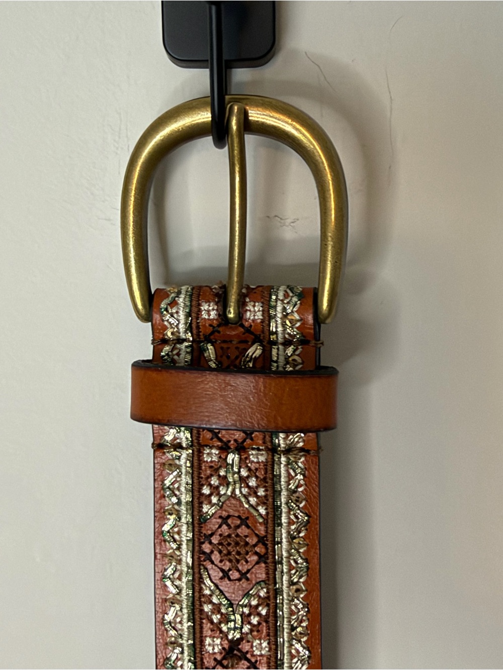Lucky Brand Brown Leather Embroidered Beaded Boho Belt Size M NWOT